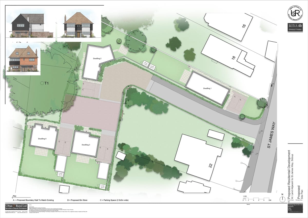 Full Planning secured by Urban and Rural architects for the demolition of an existing bungalow and the erection of four new family houses in the London Borough of Bexley.