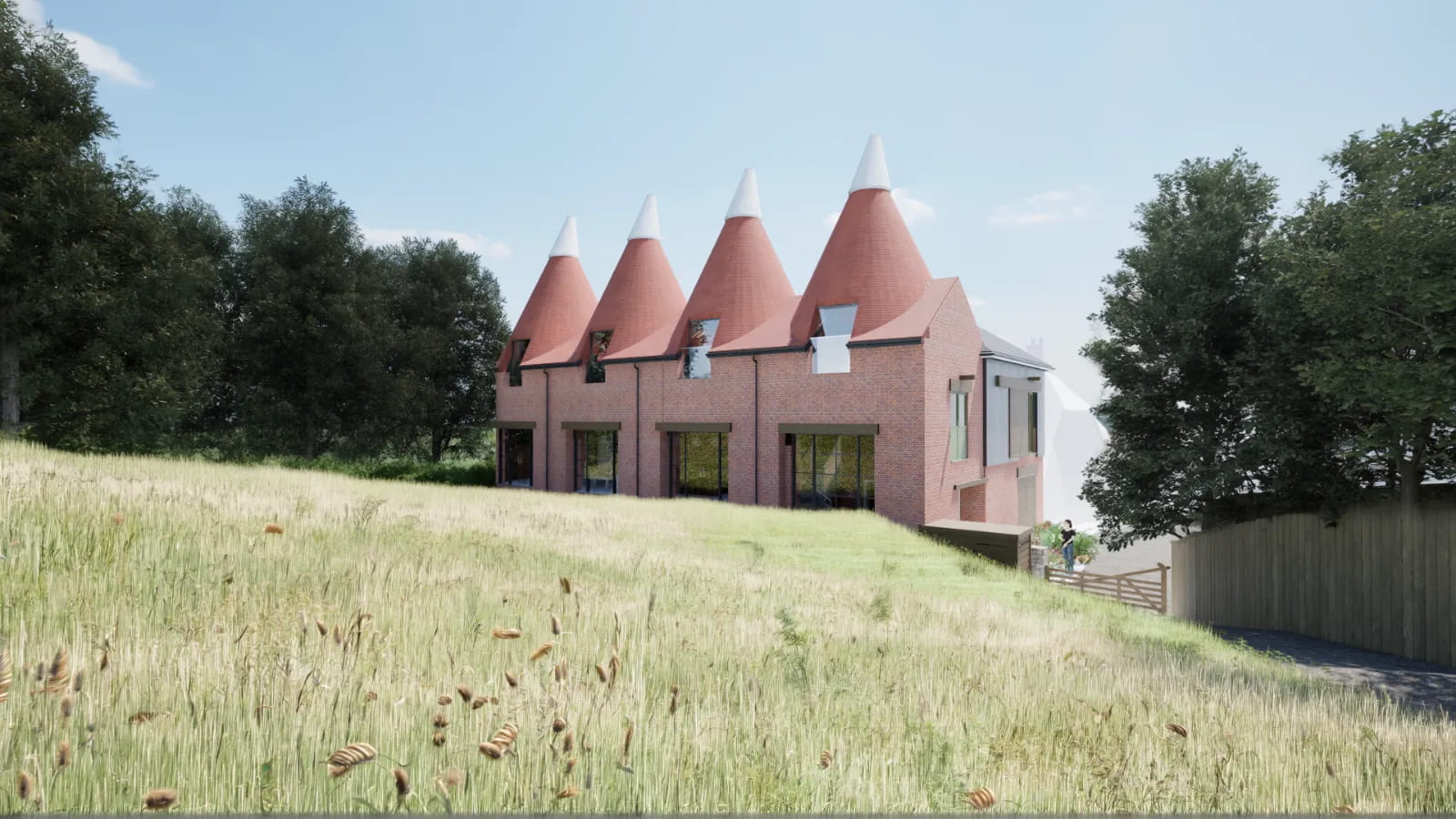 Architectural visualisation of a locally listed barn conversion with four oast roundels